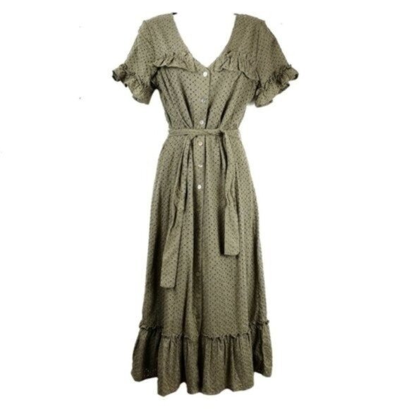 First Monday Womens Green Tie Waist Ruffle Eyelet Midi Dress Size XS NWT - Picture 1 of 5